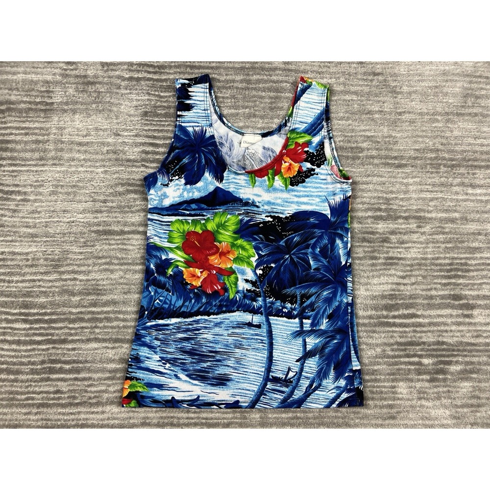Diamond's USA Tank Top Womens S Blue Tropical Floral Hibiscus Palm Tree Hawaii